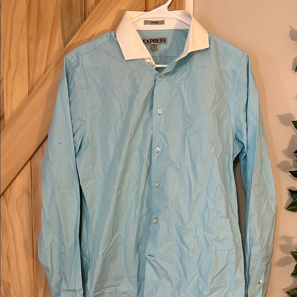 Express Blue Striped Button-Up Shirt Fitted